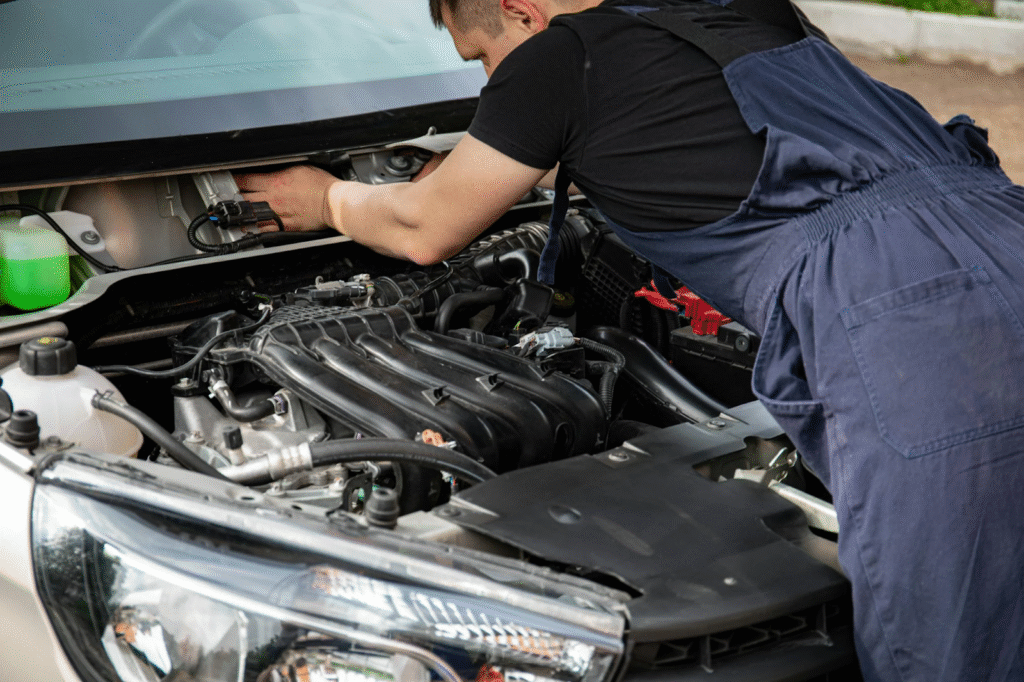 A man in blue overalls repairs a car, focused on the engine under the hood in a garage setting.
