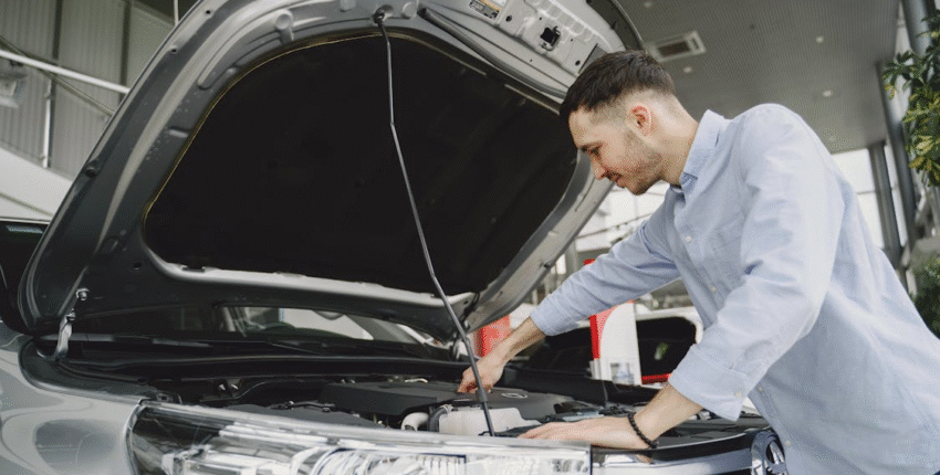 A man inspects the engine of his car, focused on ensuring everything is in proper working order.